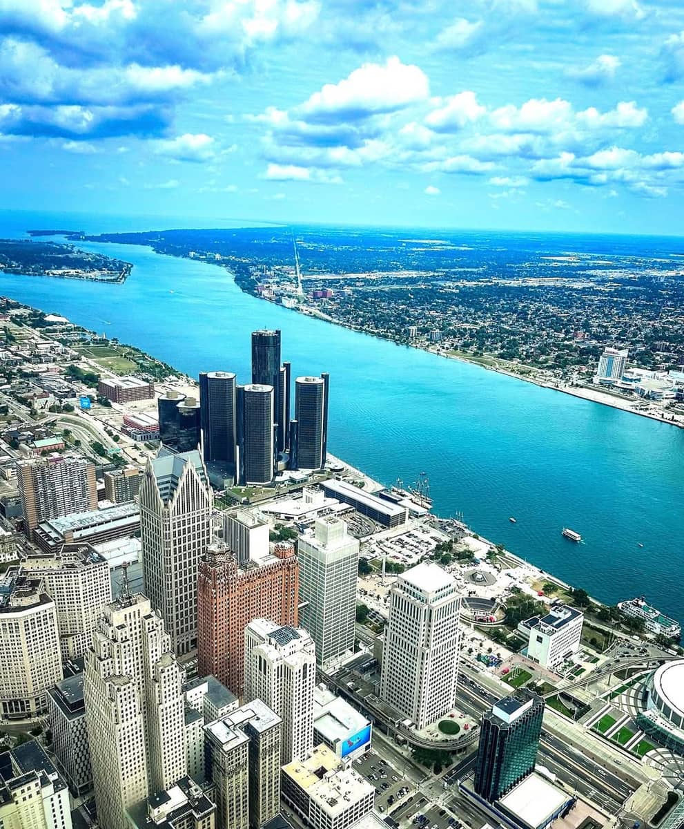 Aerial view of downtown Detroit, Michigan, the Renaissance Center, and the Detroit River
